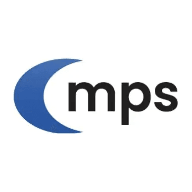 Blue crescent-shaped icon followed by the lowercase black letters mps on a white background.